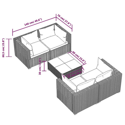 loungesæt til haven 5 dele med hynder polyrattan sort