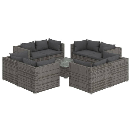 loungesæt til haven 9 dele med hynder polyrattan grå9