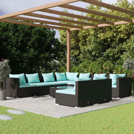 loungesæt til haven 10 dele med hynder polyrattan sort