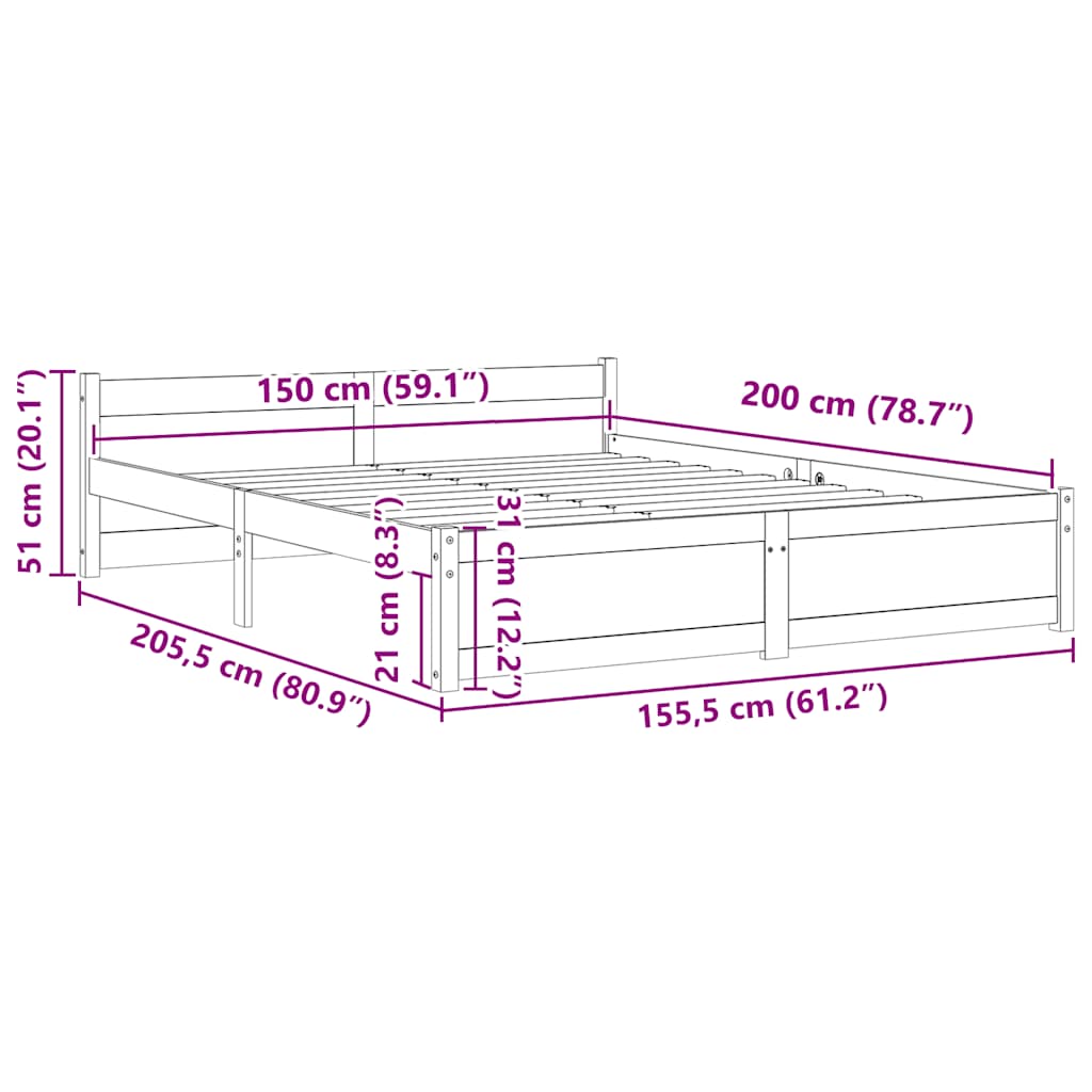 sengeramme 150x200 cm King Size massivt fyrretræ hvid