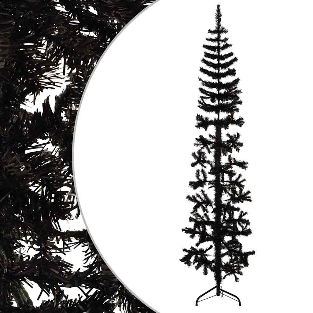 kunstigt halvt juletræ med juletræsfod 210 cm smalt sort