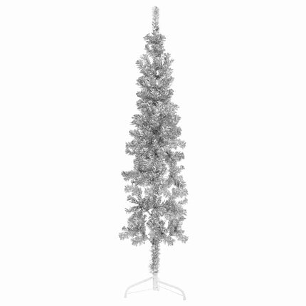 kunstigt halvt juletræ med juletræsfod 150 cm smalt sølvfarvet