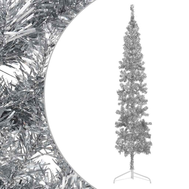 kunstigt halvt juletræ med juletræsfod 240 cm smalt sølvfarvet