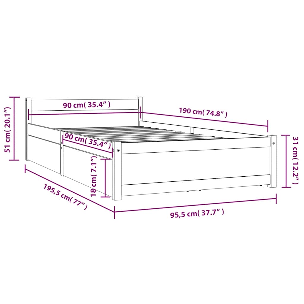 sengeramme med skuffer 90x190 cm single hvid