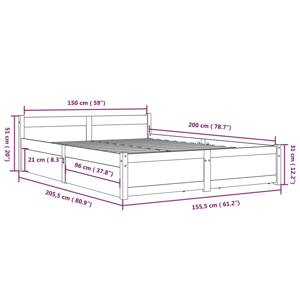 sengeramme med skuffer 150x200 cm King Size hvid