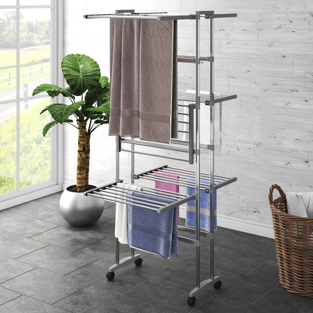 tørrestativ 3 niveauer med hjul 60x70x129 cm sølvfarvet