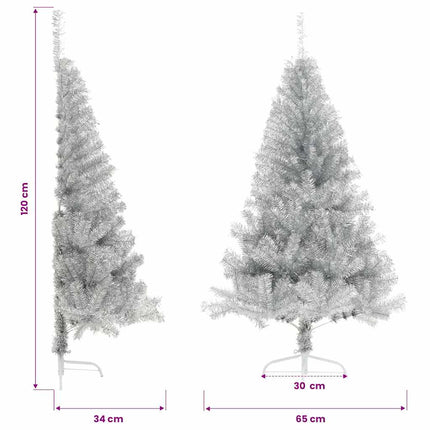 kunstigt halvt juletræ med juletræsfod 120 cm PET sølvfarvet