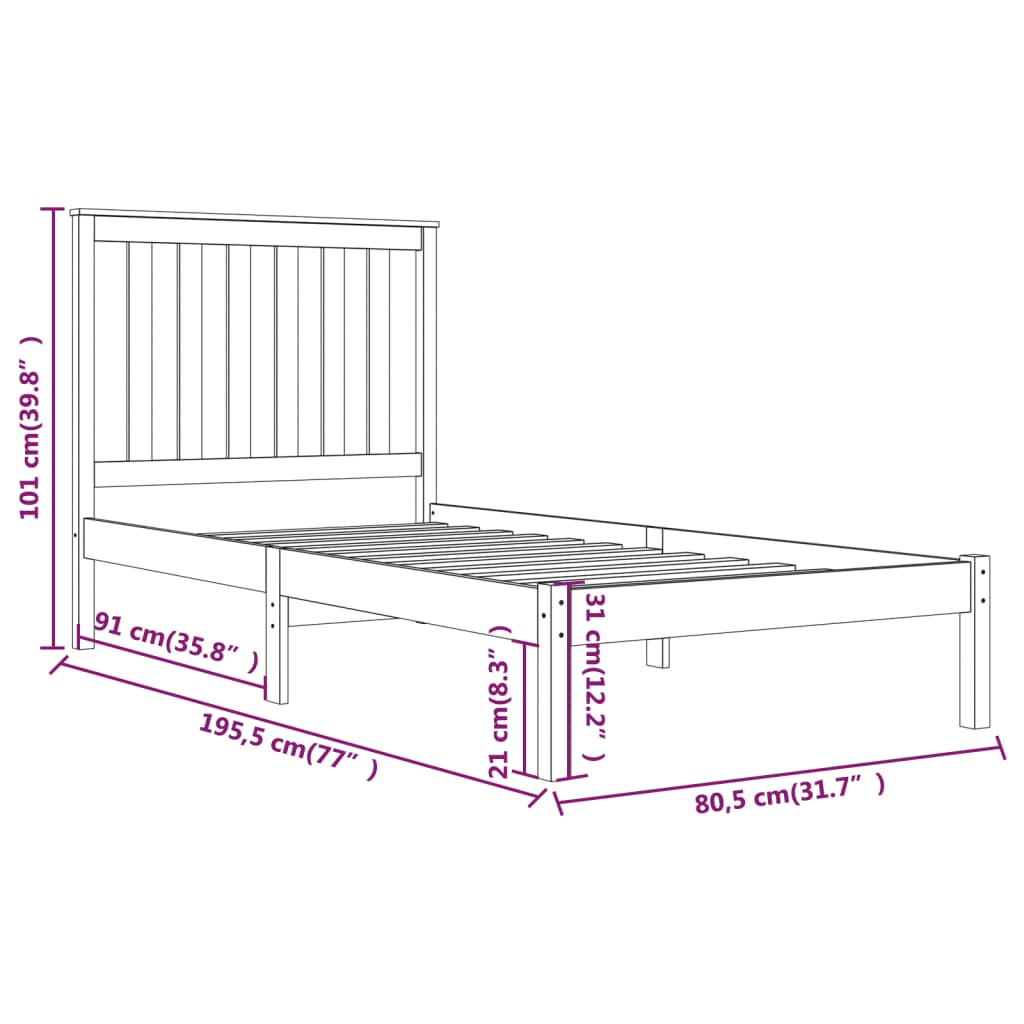sengeramme 75x190 cm massivt fyrretræ