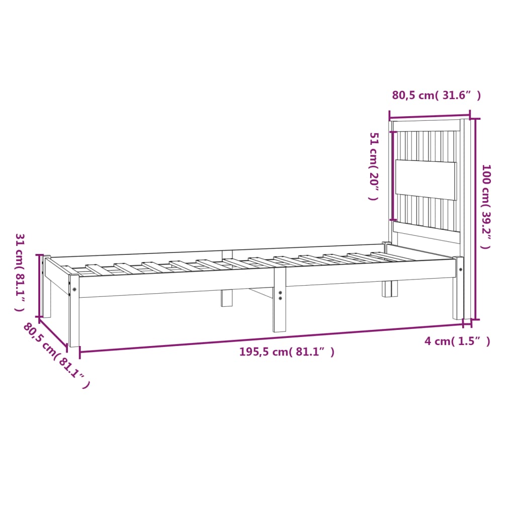 sengeramme 75x190 cm massivt fyrretræ