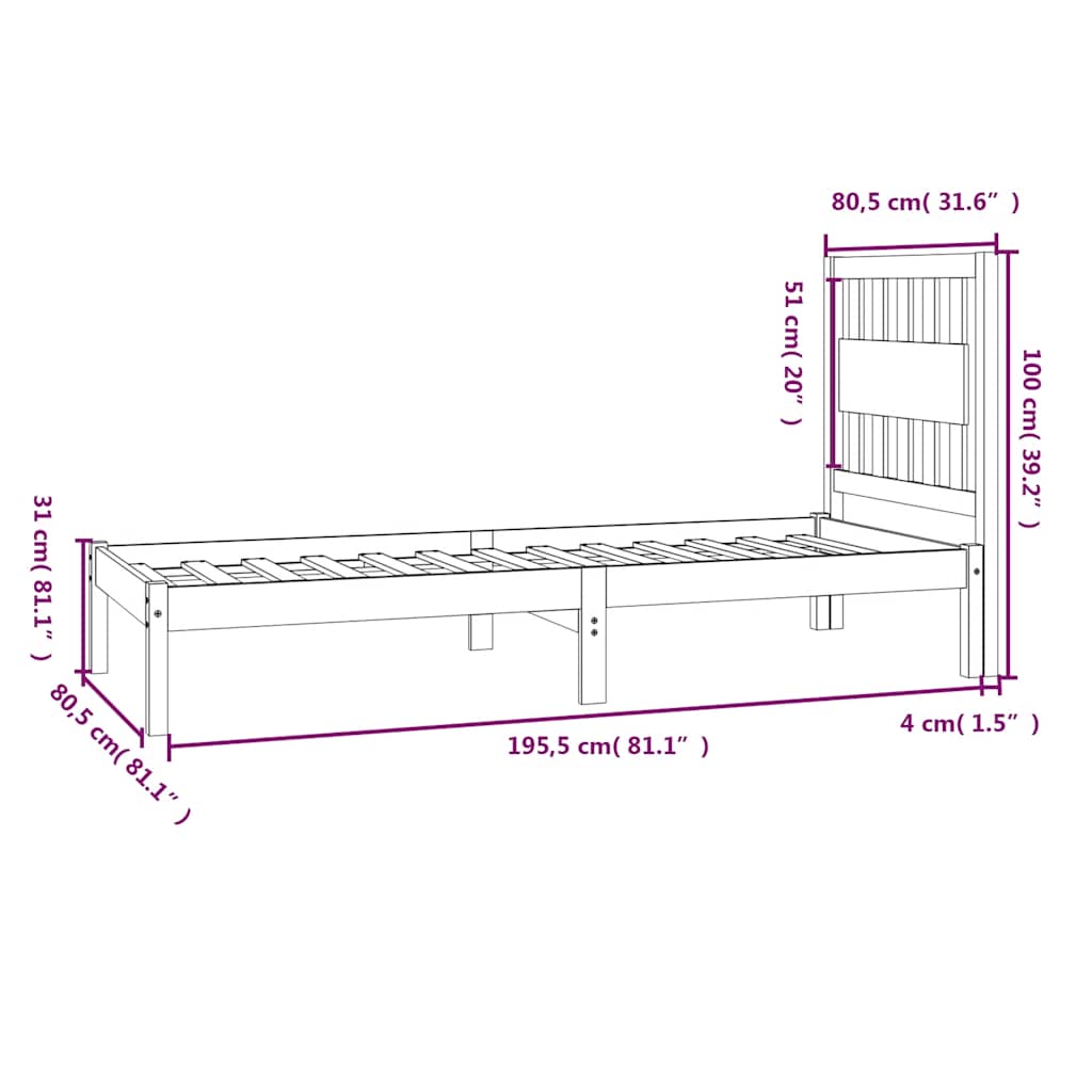 sengeramme 75x190 cm Small Single massivt fyrretræ hvid