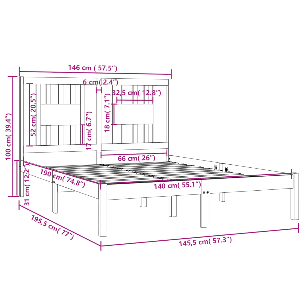 sengeramme 140x190 cm massivt fyrretræ hvid