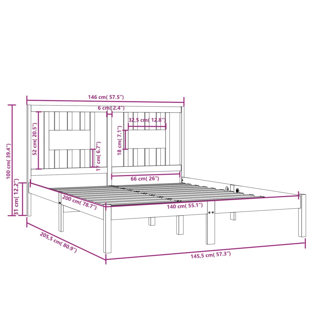 sengeramme 140x200 cm massivt fyrretræ hvid
