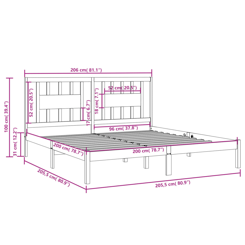 sengeramme 200x200 cm massivt fyrretræ sort