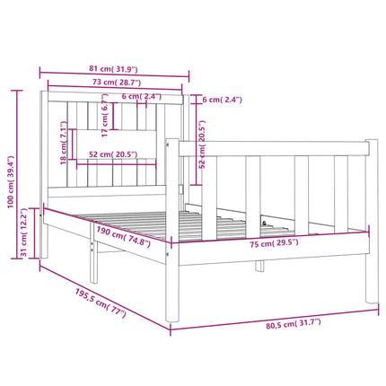 sengeramme 75x190 cm Small Single massivt træ sort