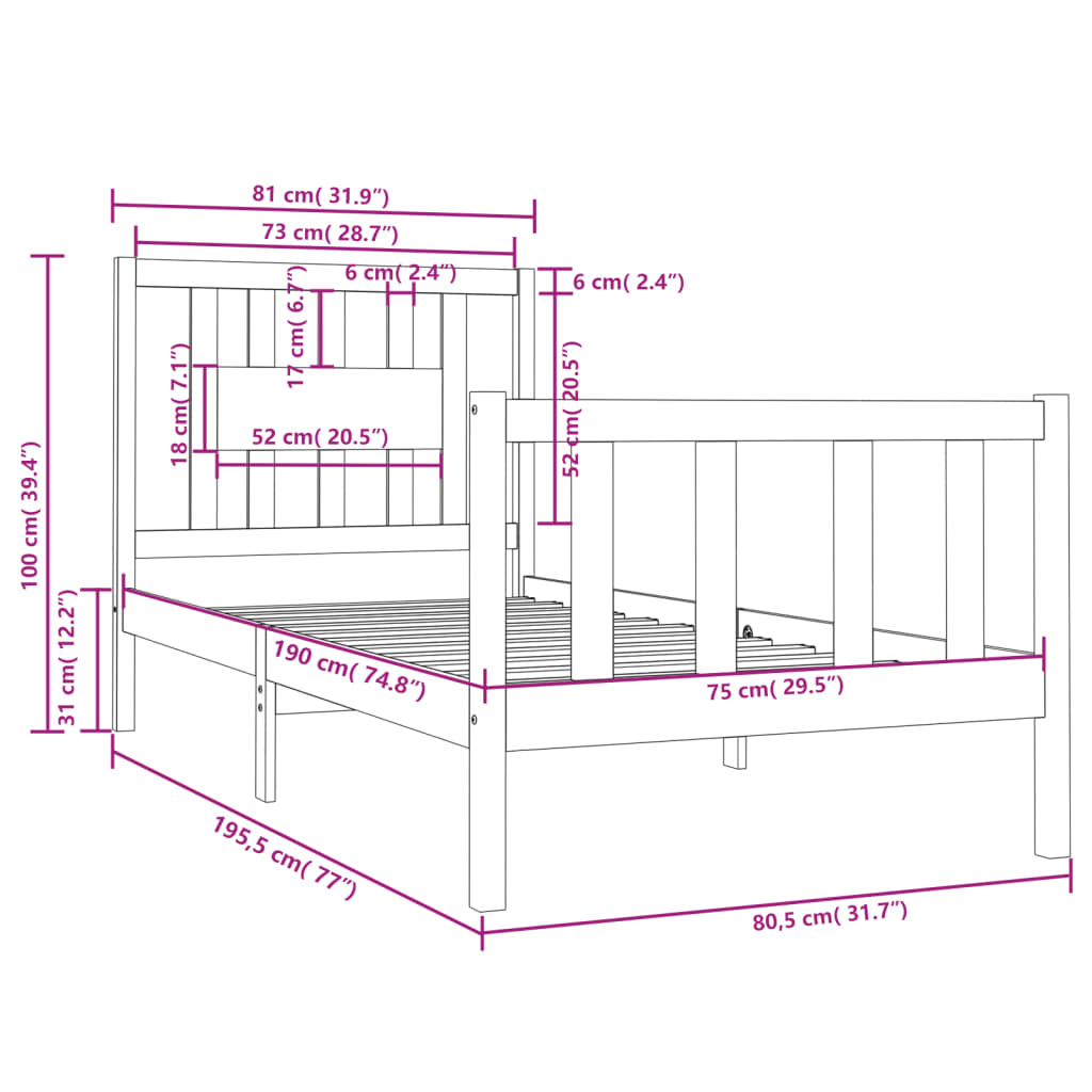 sengeramme 75x190 cm Small Single massivt træ sort