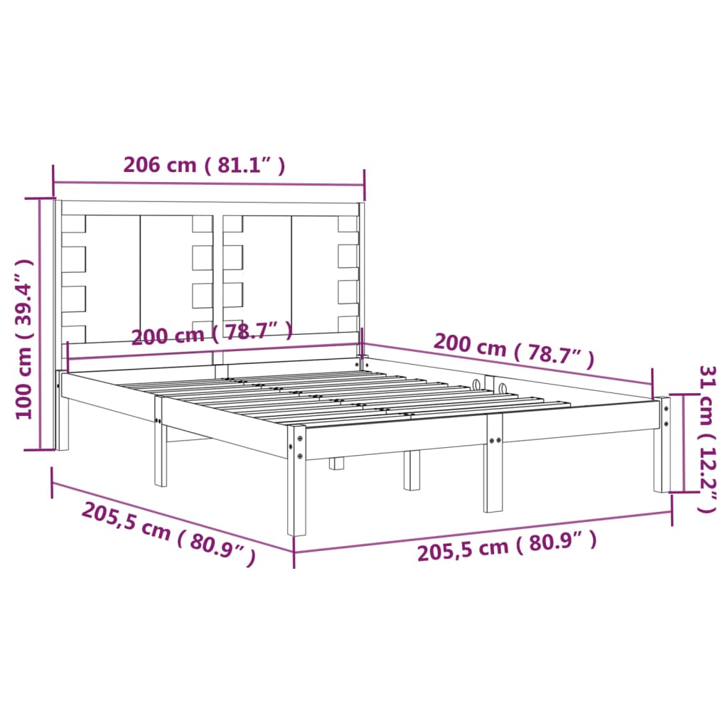 sengeramme 200x200 cm massivt fyrretræ sort