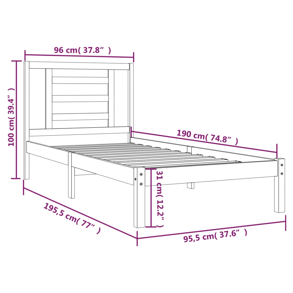 sengeramme uden madras 90x190 cm massivt fyrretræ hvid