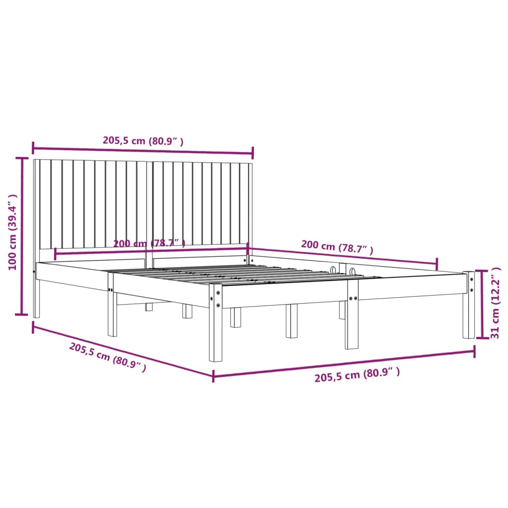 sengeramme uden madras 200x200 cm massivt fyrretræ hvid
