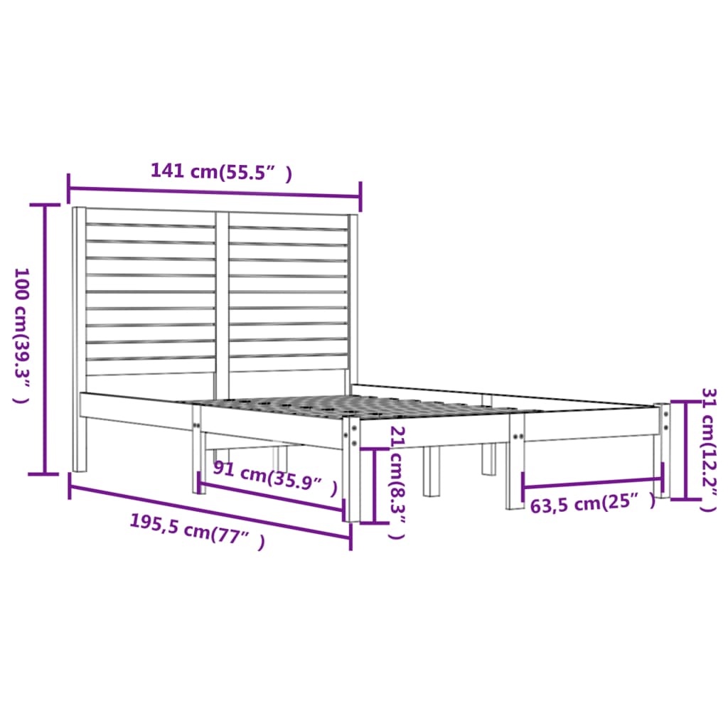 sengeramme 135x190 cm Double massivt fyrretræ sort
