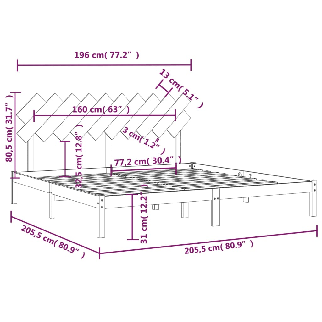 sengeramme 200x200 cm massivt træ grå