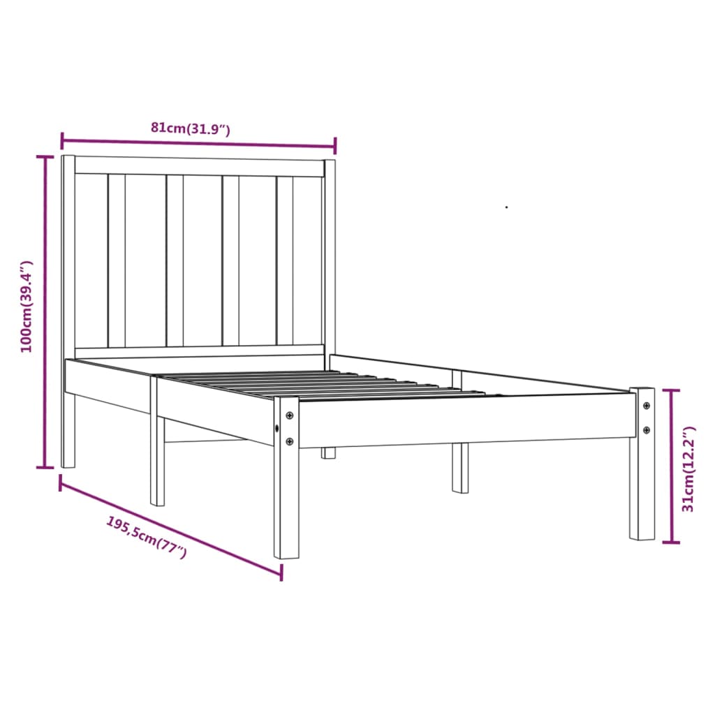 sengeramme uden madras 75x190 cm massivt fyrretræ