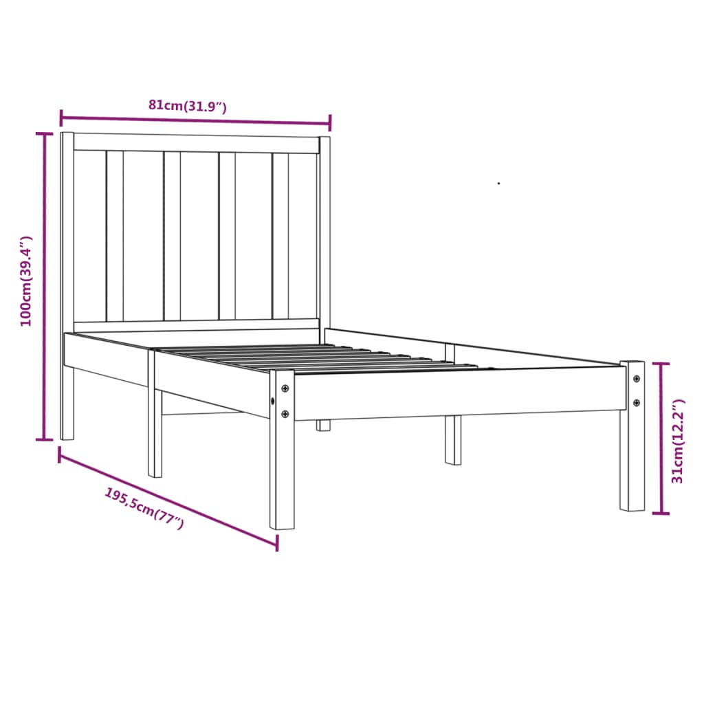 sengeramme 75x190 cm Small Single massivt fyrretræ sort