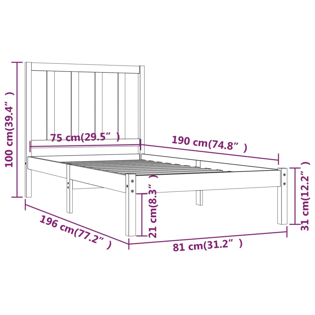 sengeramme 75x190 cm Small Single massivt fyrretræ hvid