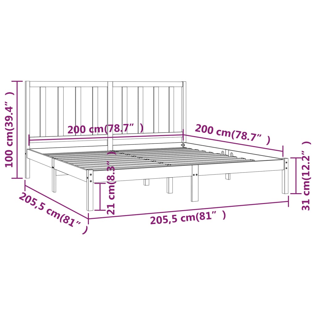 sengeramme 200x200 cm massivt fyrretræ sort