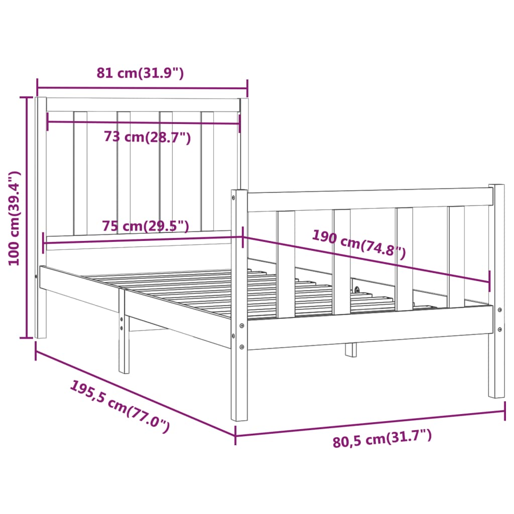 sengeramme 75x190 cm Small Single massivt træ sort