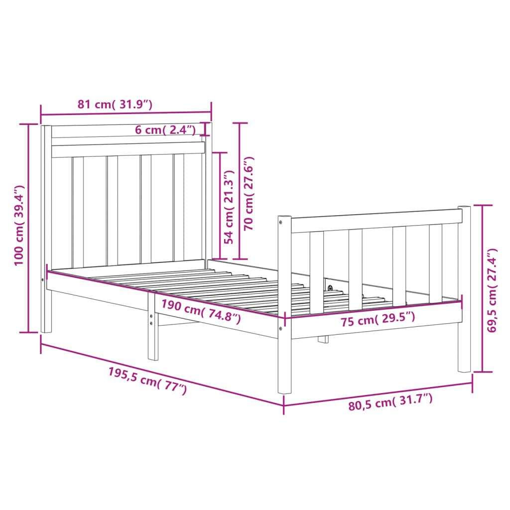 sengeramme 75x190 cm Small Single massivt træ sort