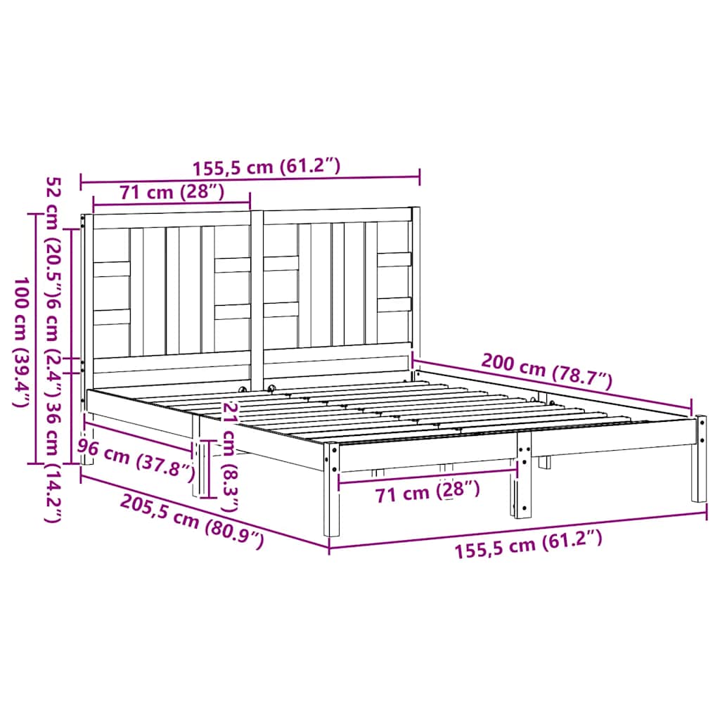 sengeramme 150x200 cm King Size massivt fyrretræ hvid