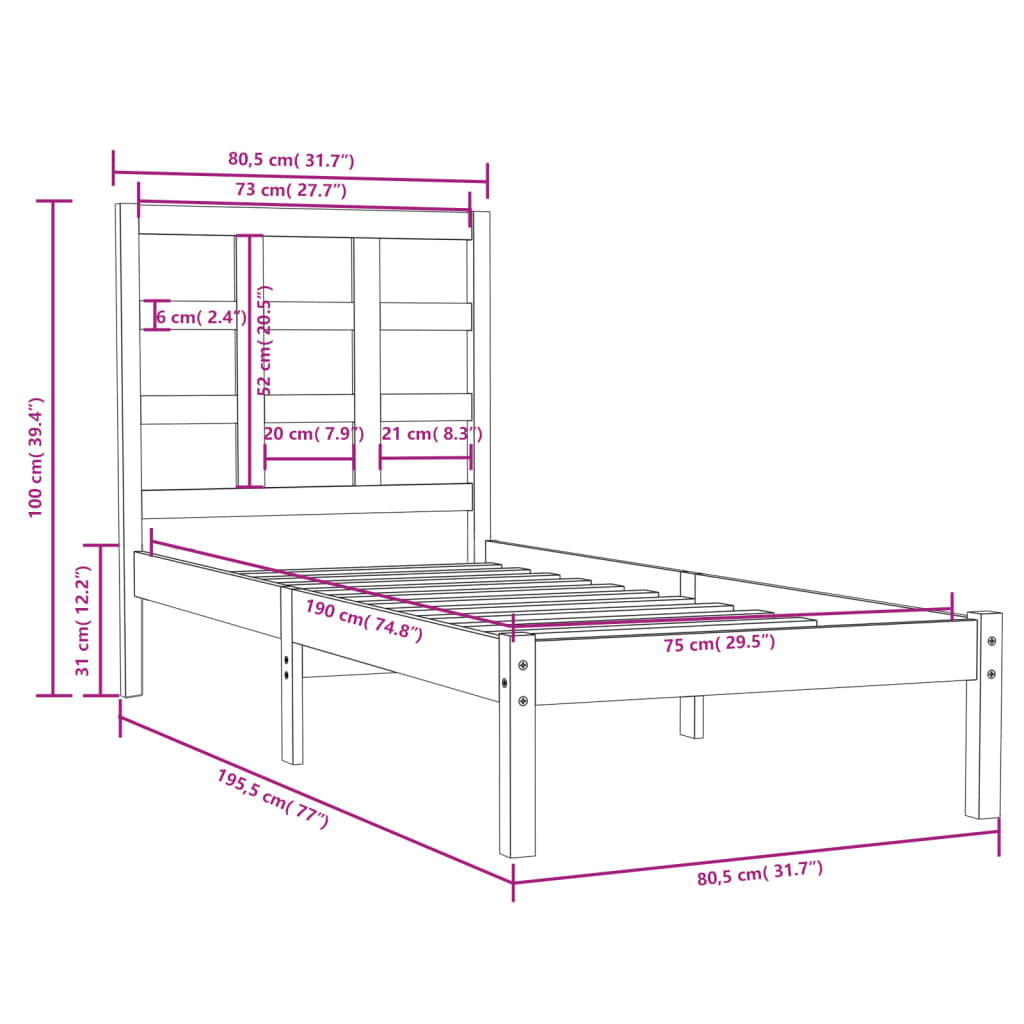 sengeramme 75x190 cm Small Single massivt træ hvid