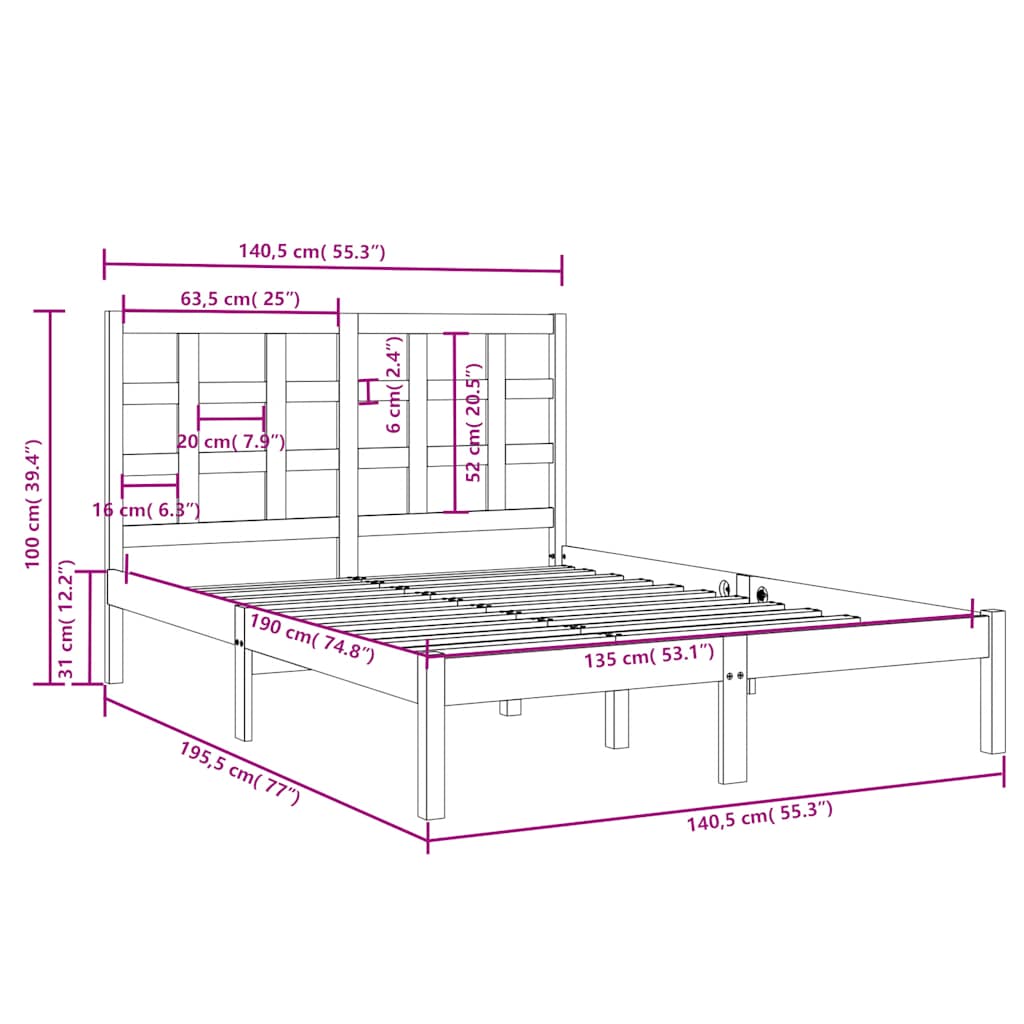sengeramme 135x190 cm massivt træ