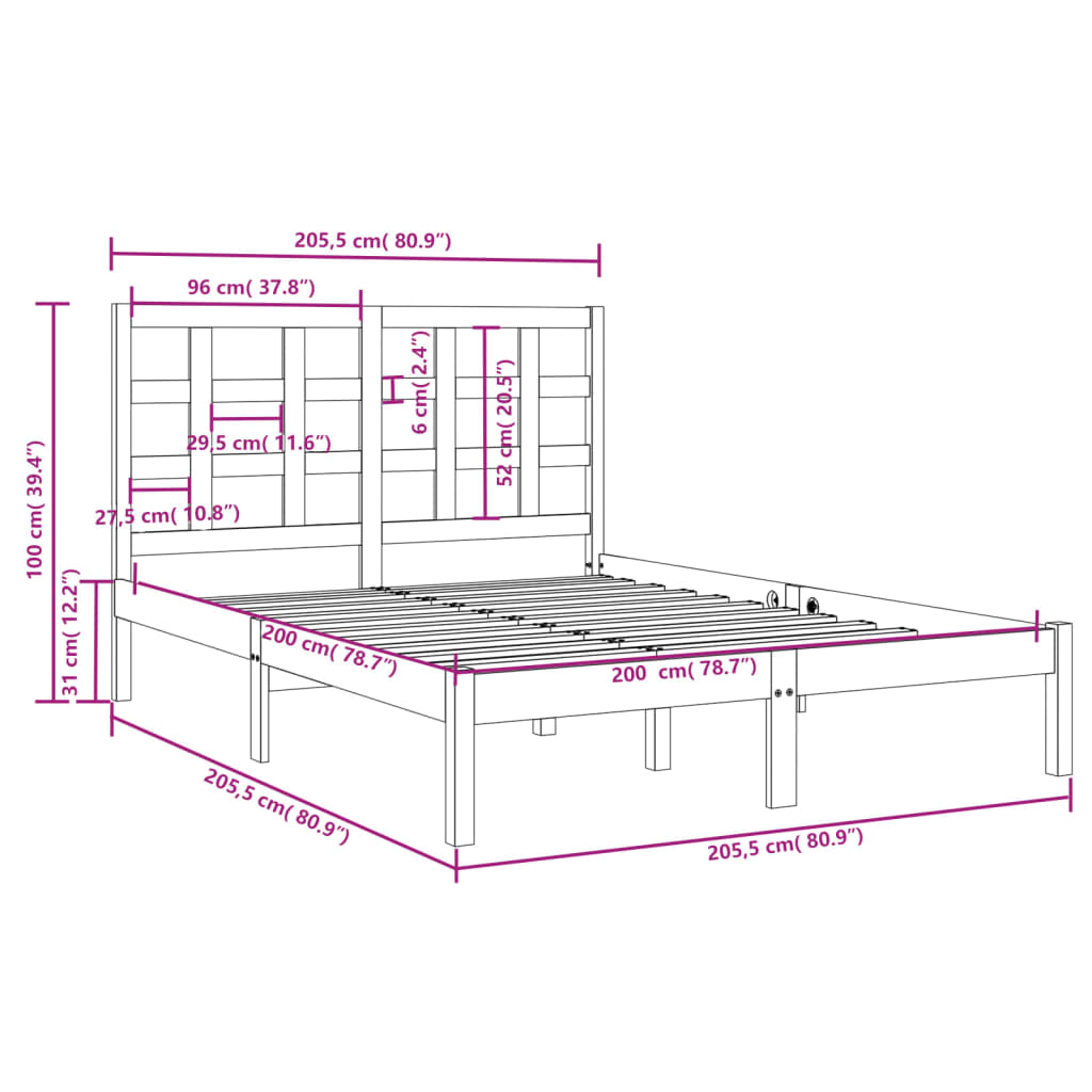 sengeramme 200x200 cm massivt træ sort