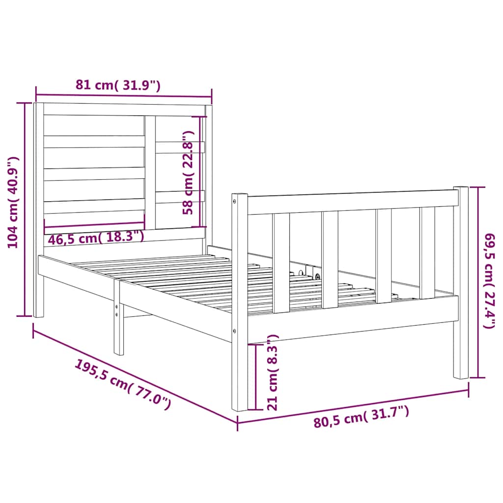sengeramme 75x190 cm Small Single massivt træ sort
