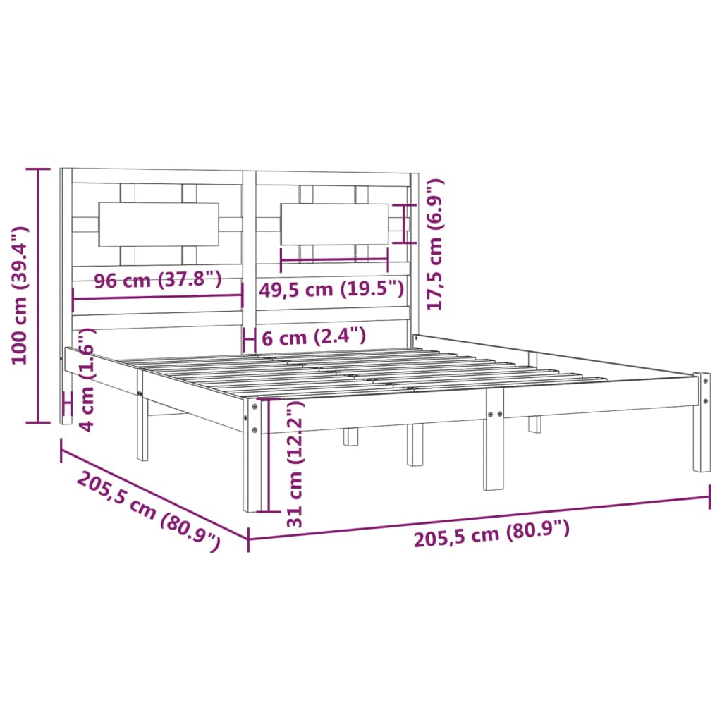 sengeramme 200x200 cm massivt fyrretræ sort