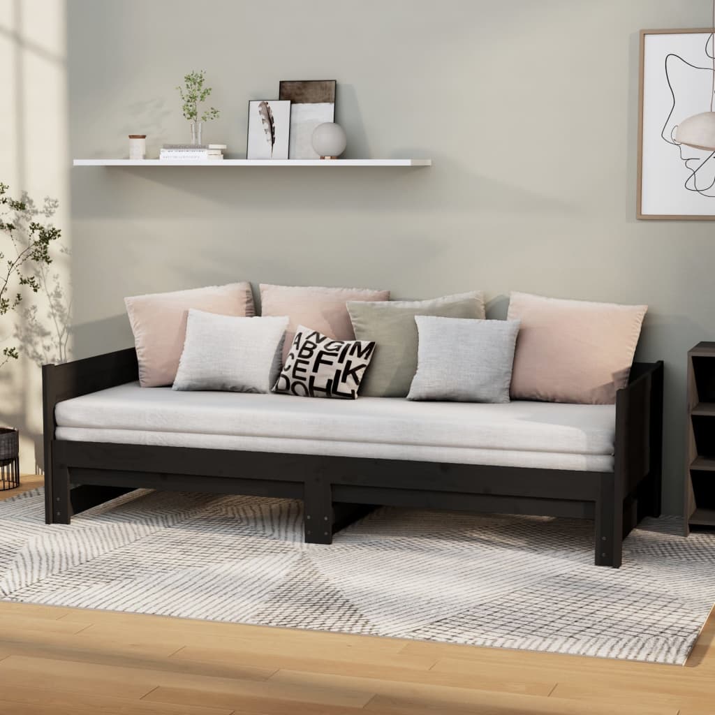 daybed med udtræk 2x(90x200) cm massivt fyrretræ sort billede