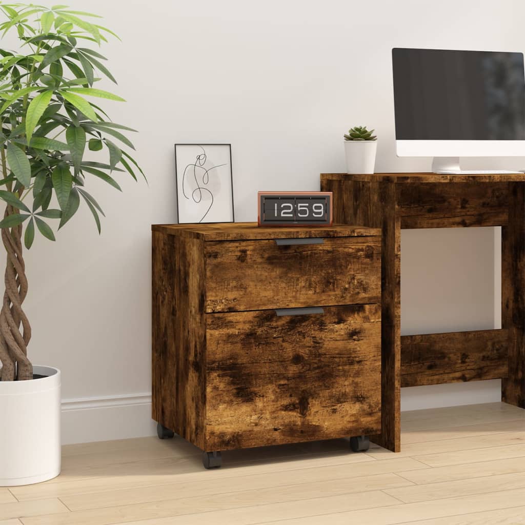 arkivskab med hjul 45x38x54 cm konstrueret træ røget egetræ