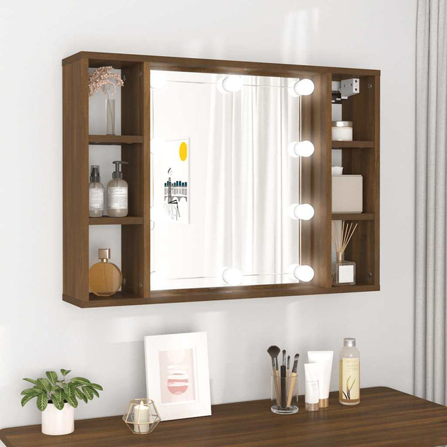spejlskab med LED-lys 76x15x55 cm brun egetræsfarve