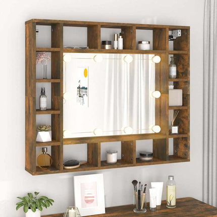 spejlskab med LED-lys 91x15x76,5 cm røget egetræsfarve