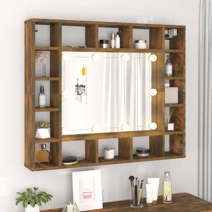 spejlskab med LED-lys 91x15x76,5 cm røget egetræsfarve