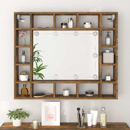 spejlskab med LED-lys 91x15x76,5 cm røget egetræsfarve