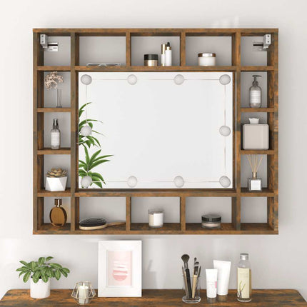 spejlskab med LED-lys 91x15x76,5 cm røget egetræsfarve