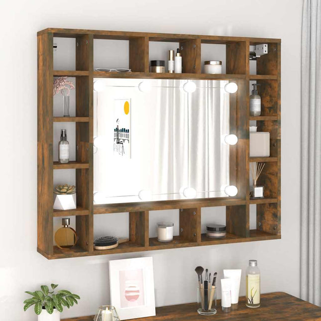 spejlskab med LED-lys 91x15x76,5 cm røget egetræsfarve