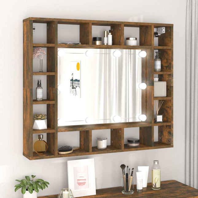 spejlskab med LED-lys 91x15x76,5 cm røget egetræsfarve
