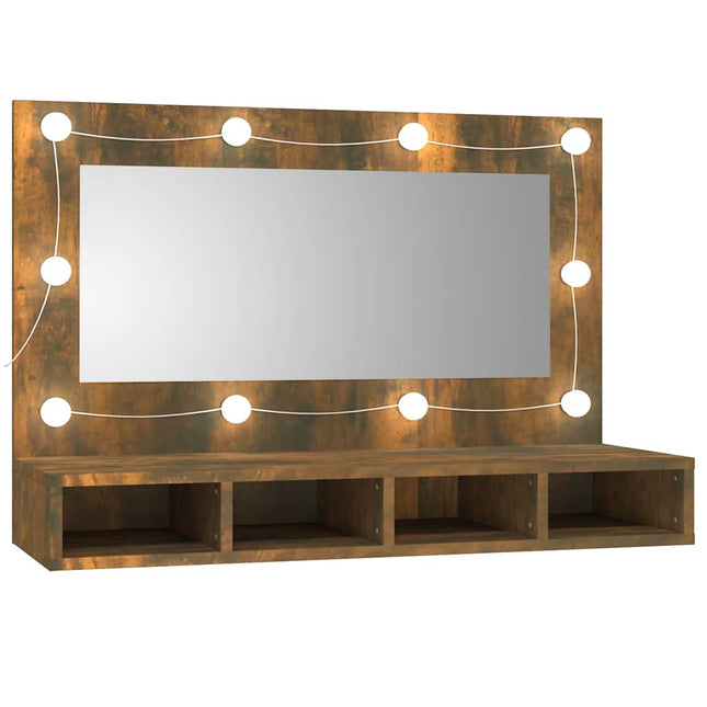 spejlskab med LED-lys 90x31,5x62 cm røget egetræsfarve