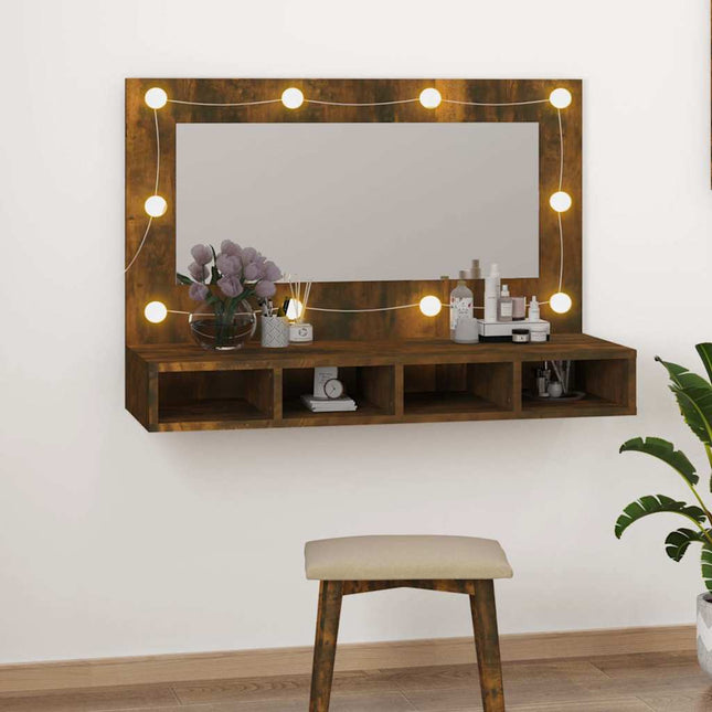spejlskab med LED-lys 90x31,5x62 cm røget egetræsfarve