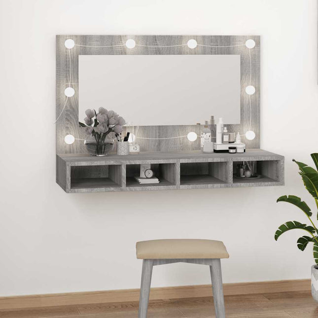 spejlskab med LED-lys 90x31,5x62 cm grå sonoma-eg