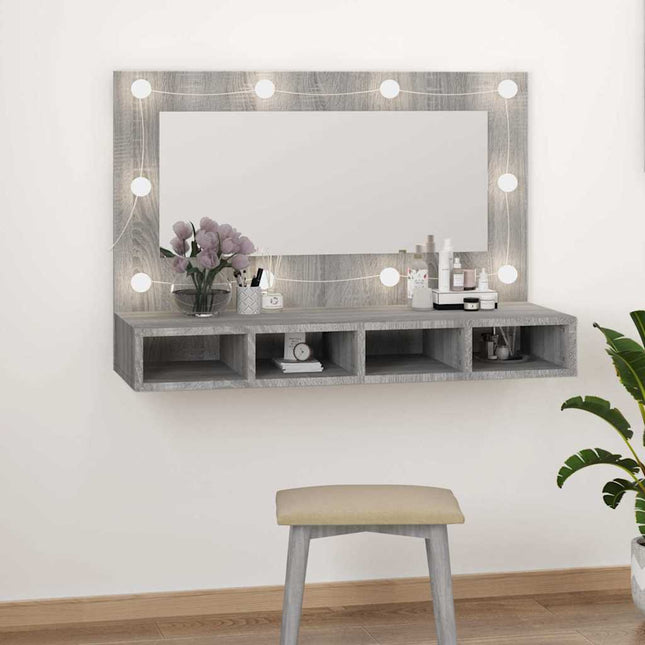 spejlskab med LED-lys 90x31,5x62 cm grå sonoma-eg