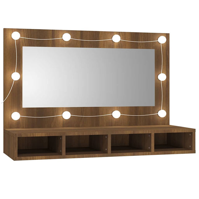 spejlskab med LED-lys 90x31,5x62 cm brun egetræsfarve